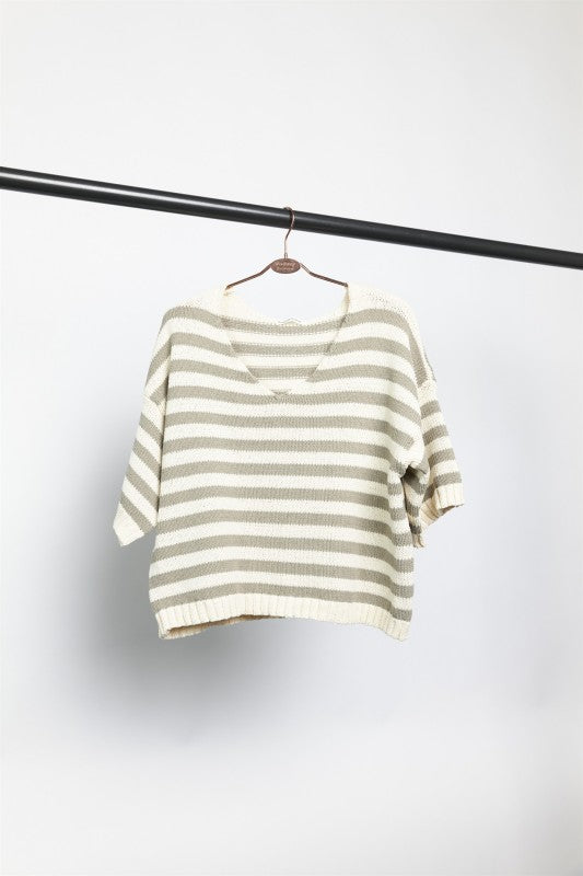 Striped Gray Stripes V-neck Knit Top