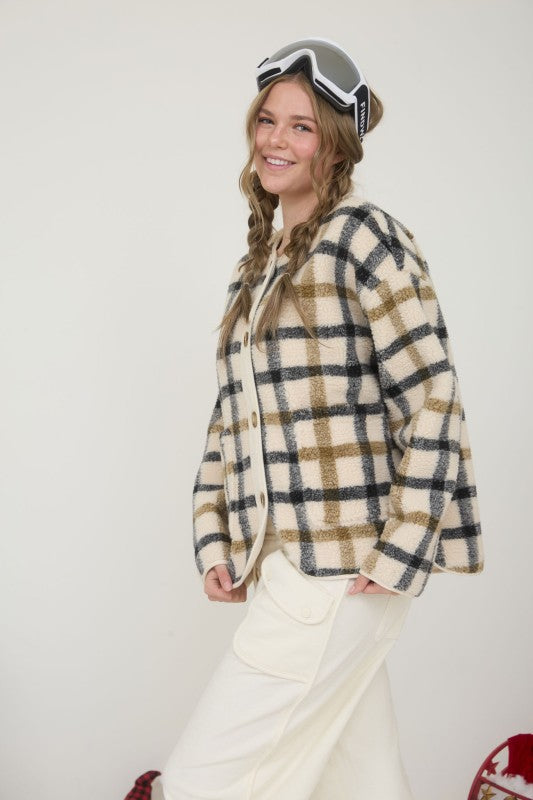 Plaid Button Down Teddy Jacket