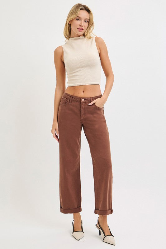 Tummy Control Mid Rise Ankle Barrel Relaxed Baggy Jeans