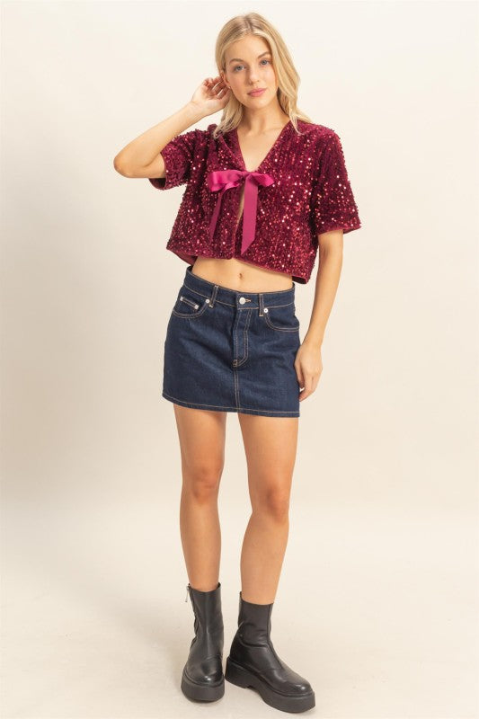 Noel Sequin Tie Crop Top